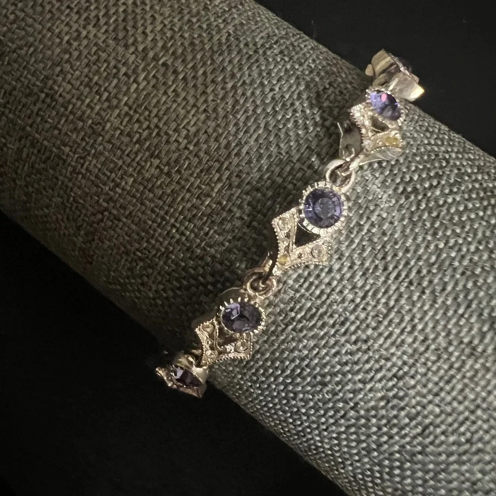 Vtg. Napier Silver Tone Purple Rhinestone Art Deco Style Bracelet 7.5